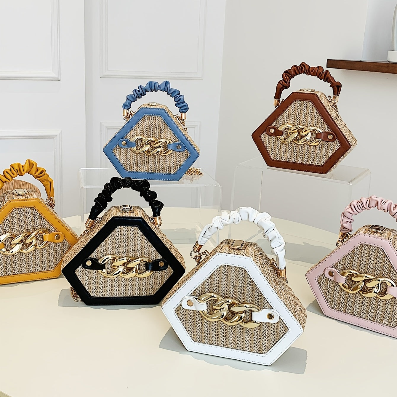 Trendy Chain Handbag, Fashion Top Handle Straw Box Bag, Women's Vacation Style Purse