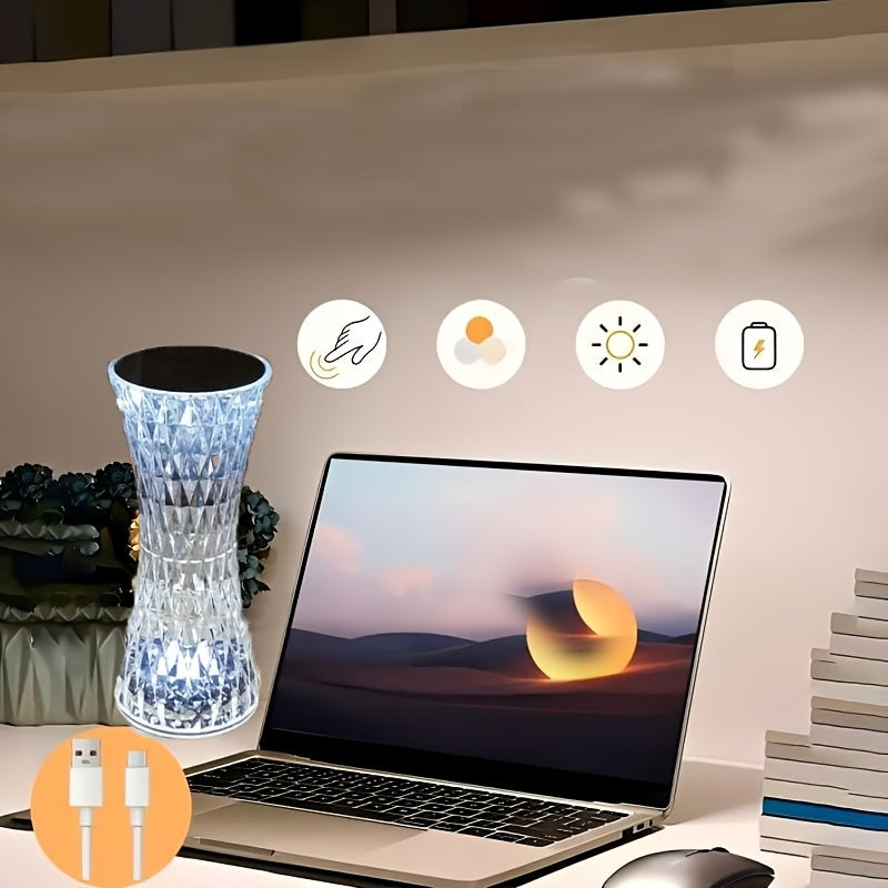 Elegant Crystal Touch Control Bedside Lamp - USB Rechargeable, Dimmable LED Lights with Acrylic Base, Ideal for Indoor Use, Perfect for Bedroom or Living Room Decor, Bedroom Night Light