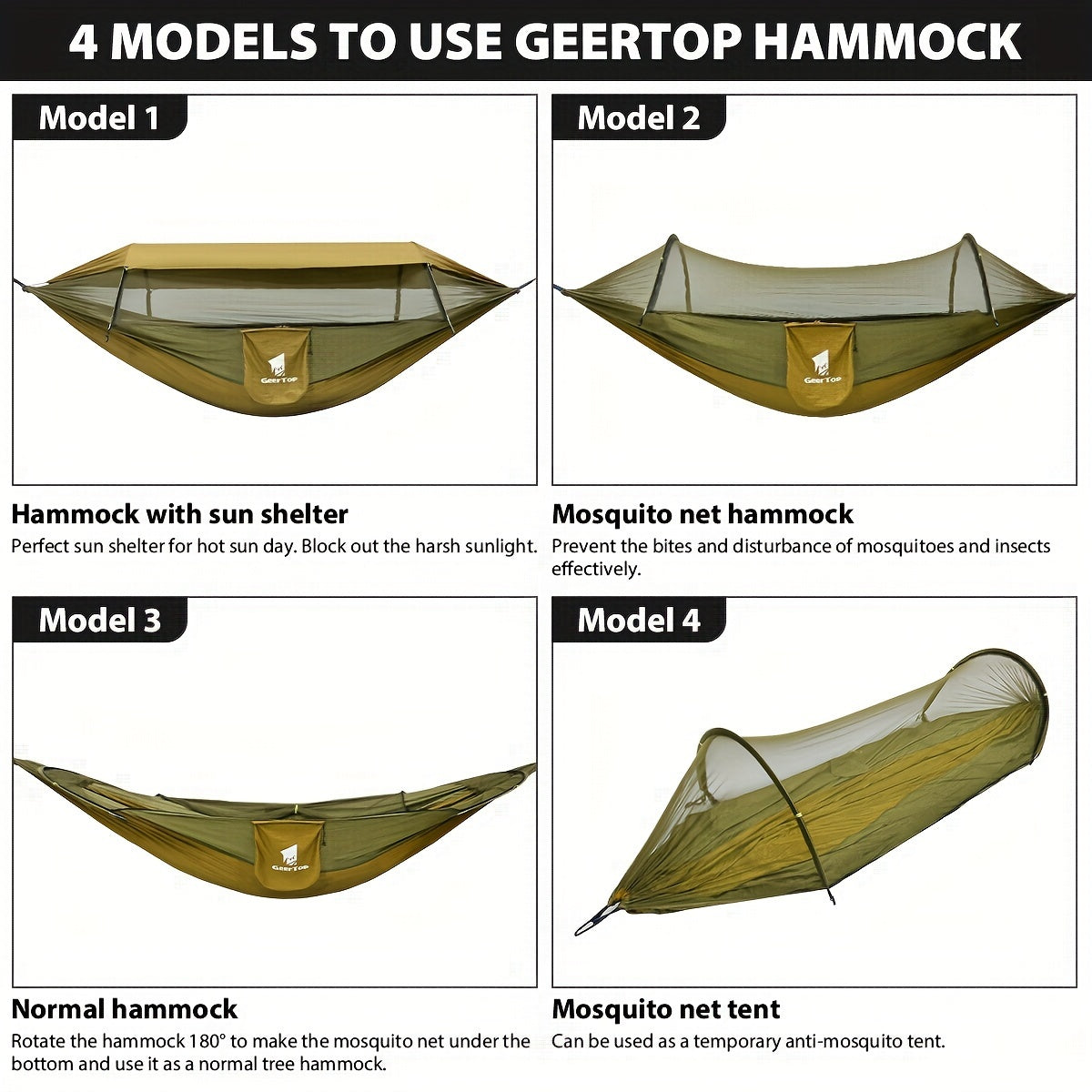 [3-in-1 Hammock] GEERTOP 3-in-1 Outdoor Hammock | Double Sleep Rest Camping Hammock with Mosquito Net Sun Shelter for Backpacking Travel Garden Park