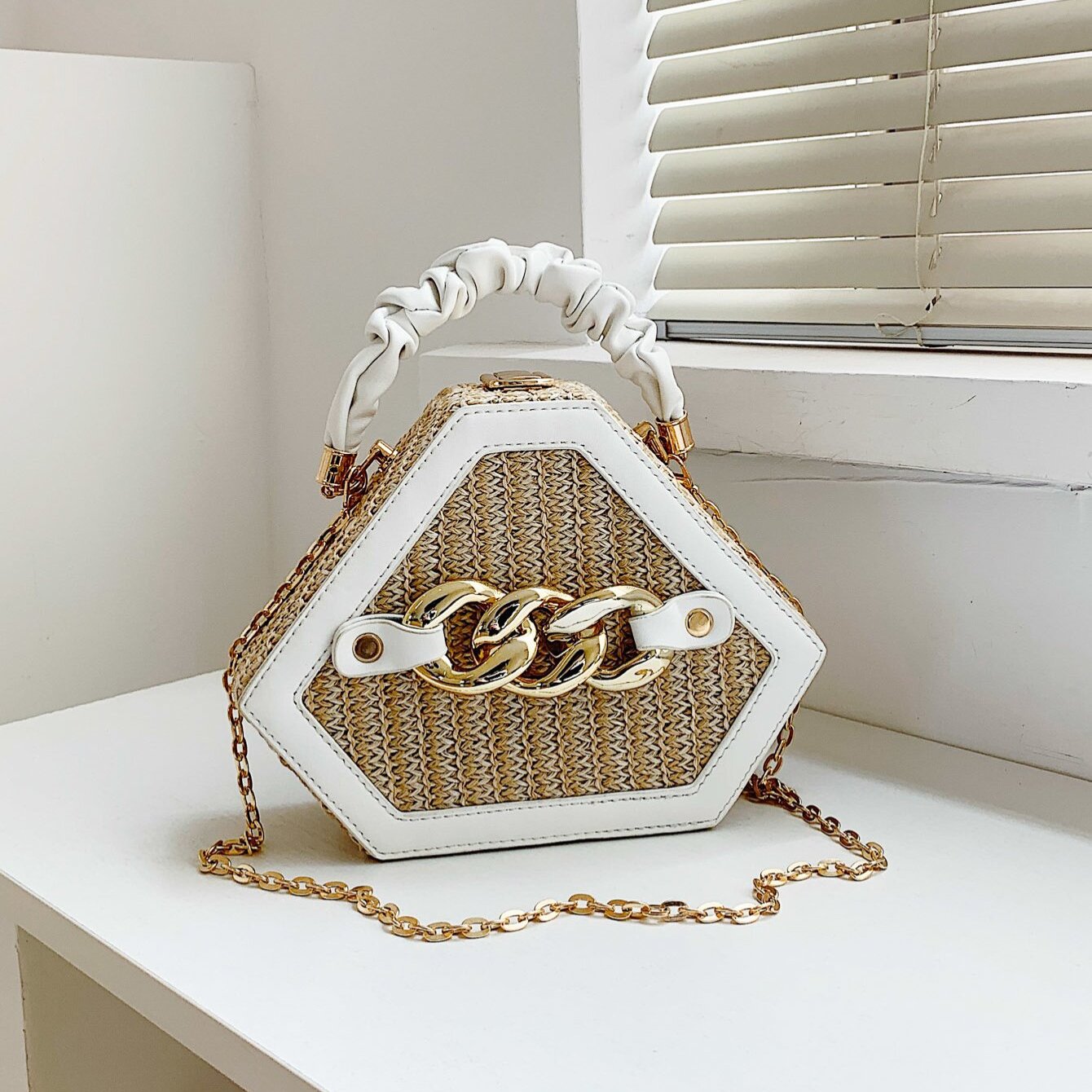 Trendy Chain Handbag, Fashion Top Handle Straw Box Bag, Women's Vacation Style Purse