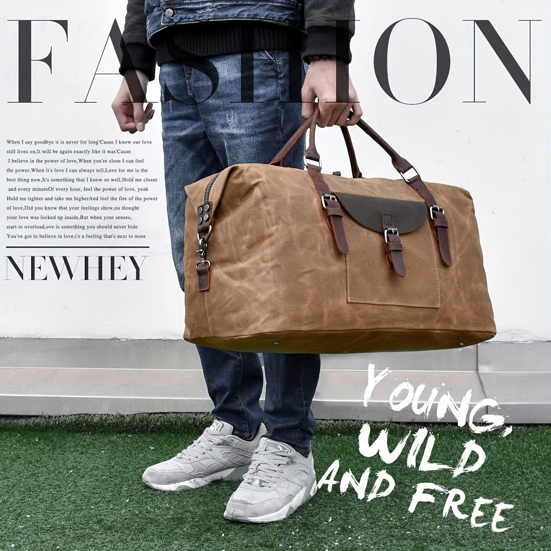 NEWHEY Waterproof Oversized Travel Duffel Bag - Canvas Weekender Leather Overnight Hand Bag With Toiletry Bag