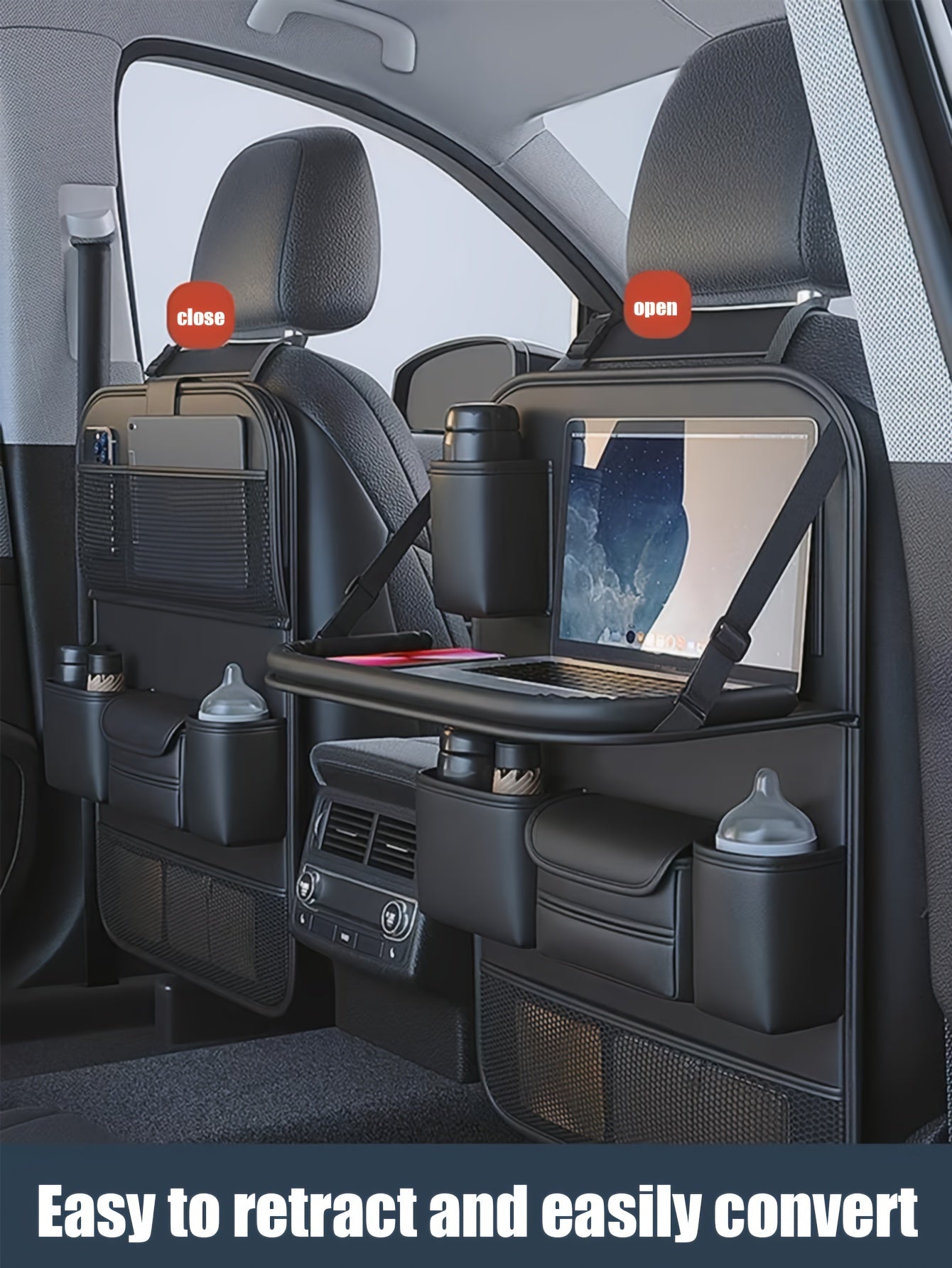 1pc Deluxe Car Backseat Organizer with Foldable Table Tray - Premium PU Leather Seat Back Storage Bag, Multi-Pocket Travel Accessories for Toys, Snacks, and Travel Necessities - Universal Fit, Easy Installation, and Spacious