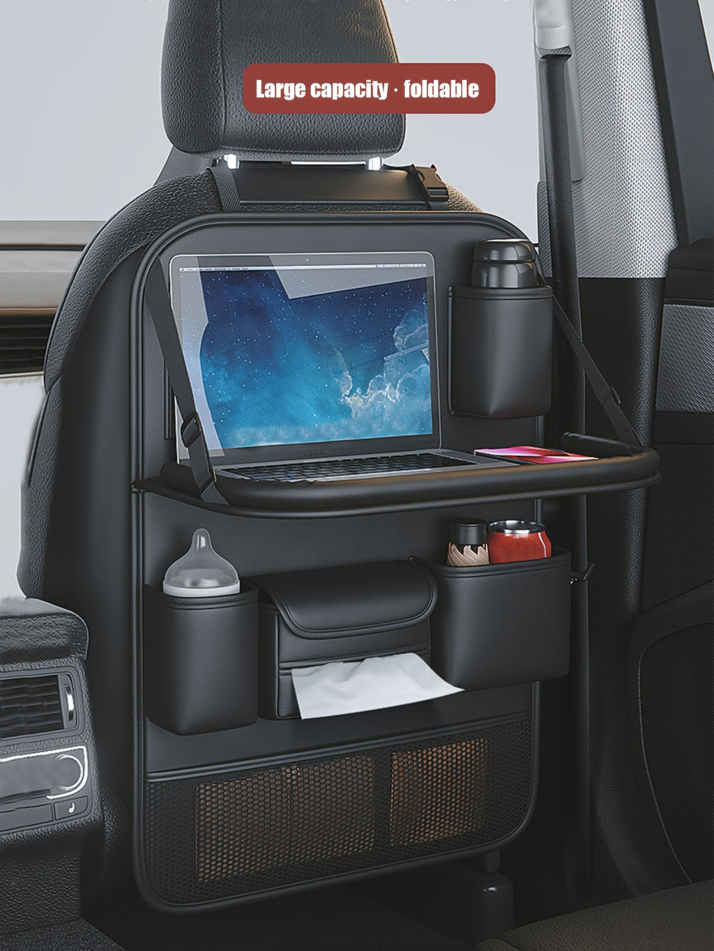 1pc Deluxe Car Backseat Organizer with Foldable Table Tray - Premium PU Leather Seat Back Storage Bag, Multi-Pocket Travel Accessories for Toys, Snacks, and Travel Necessities - Universal Fit, Easy Installation, and Spacious