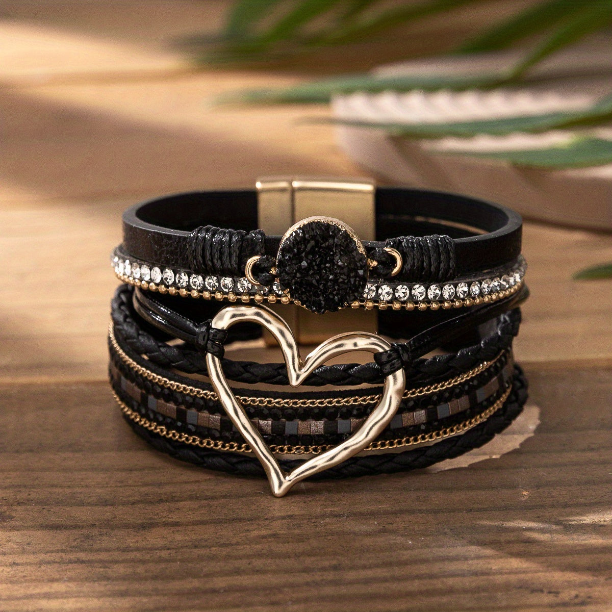 Women's Bohemian Style PU Leather Bracelet - Multi-Layer Black Braided Design with Crystal Accents, Golden-Tone Heart Pendant | Elegant Magnetic Clasp | Perfect for Daily Occasion