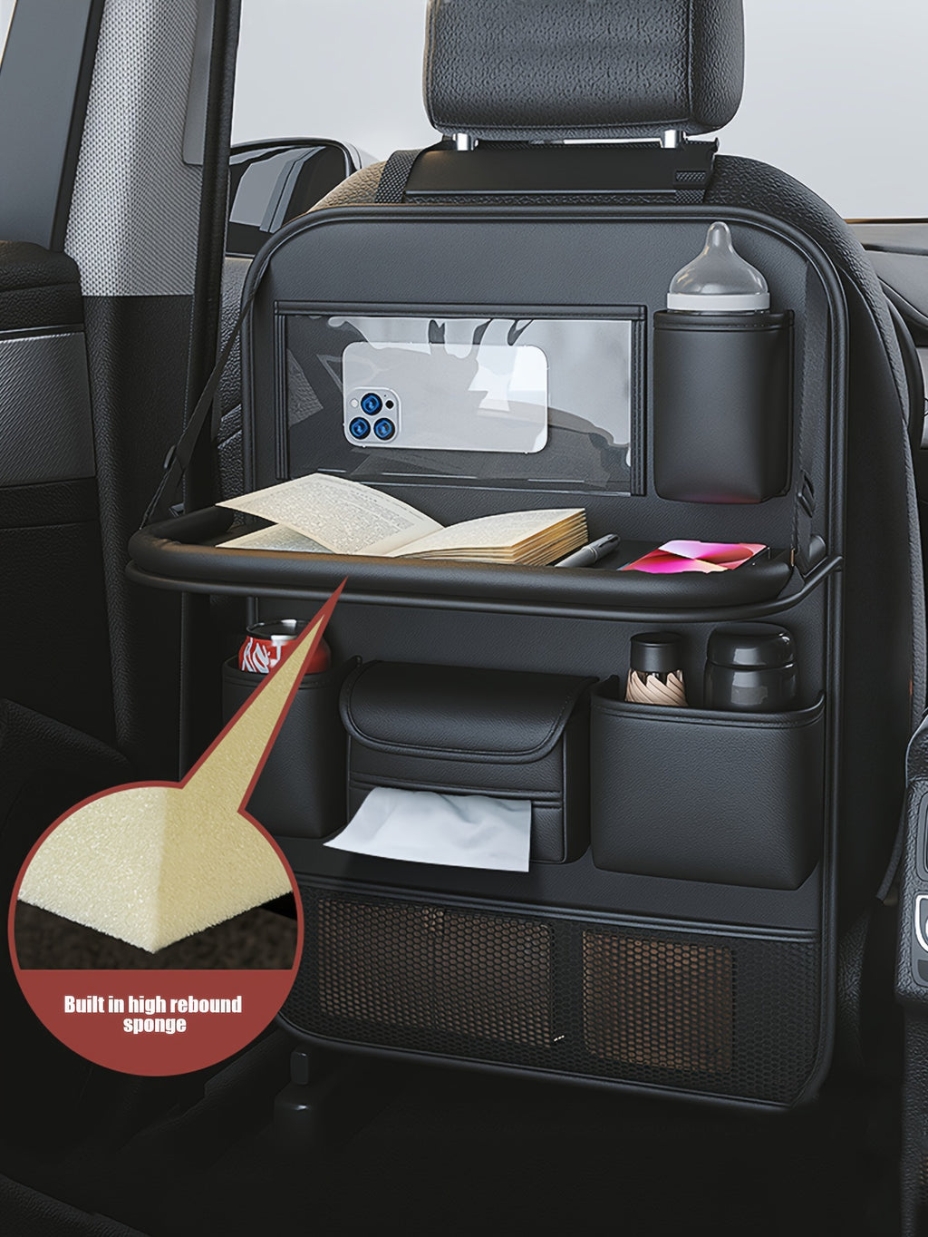 1pc Deluxe Car Backseat Organizer with Foldable Table Tray - Premium PU Leather Seat Back Storage Bag, Multi-Pocket Travel Accessories for Toys, Snacks, and Travel Necessities - Universal Fit, Easy Installation, and Spacious