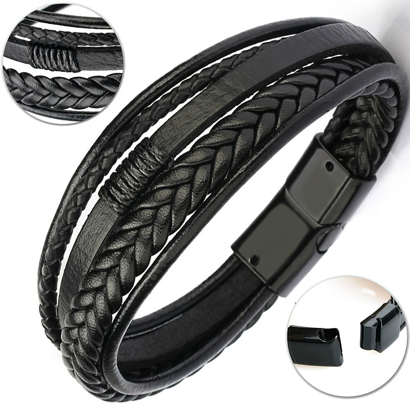 1pc Men's Hand-Woven Multi-Layer Leather Bracelet with Buckle Closure - Stylish Faux Leather Cuff, Durable & Versatile Accessory for Casual or Formal Wear
