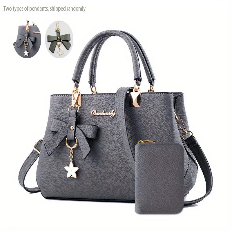 Chic Bow Decor Handbag for Women - Versatile Top Handle Satchel with Coin Purse, Adjustable Strap, And Zip Closure - Available in Khaki, Dark Pink, Light, - Synthetic Material with Acrylic Lining, Cute Handbag