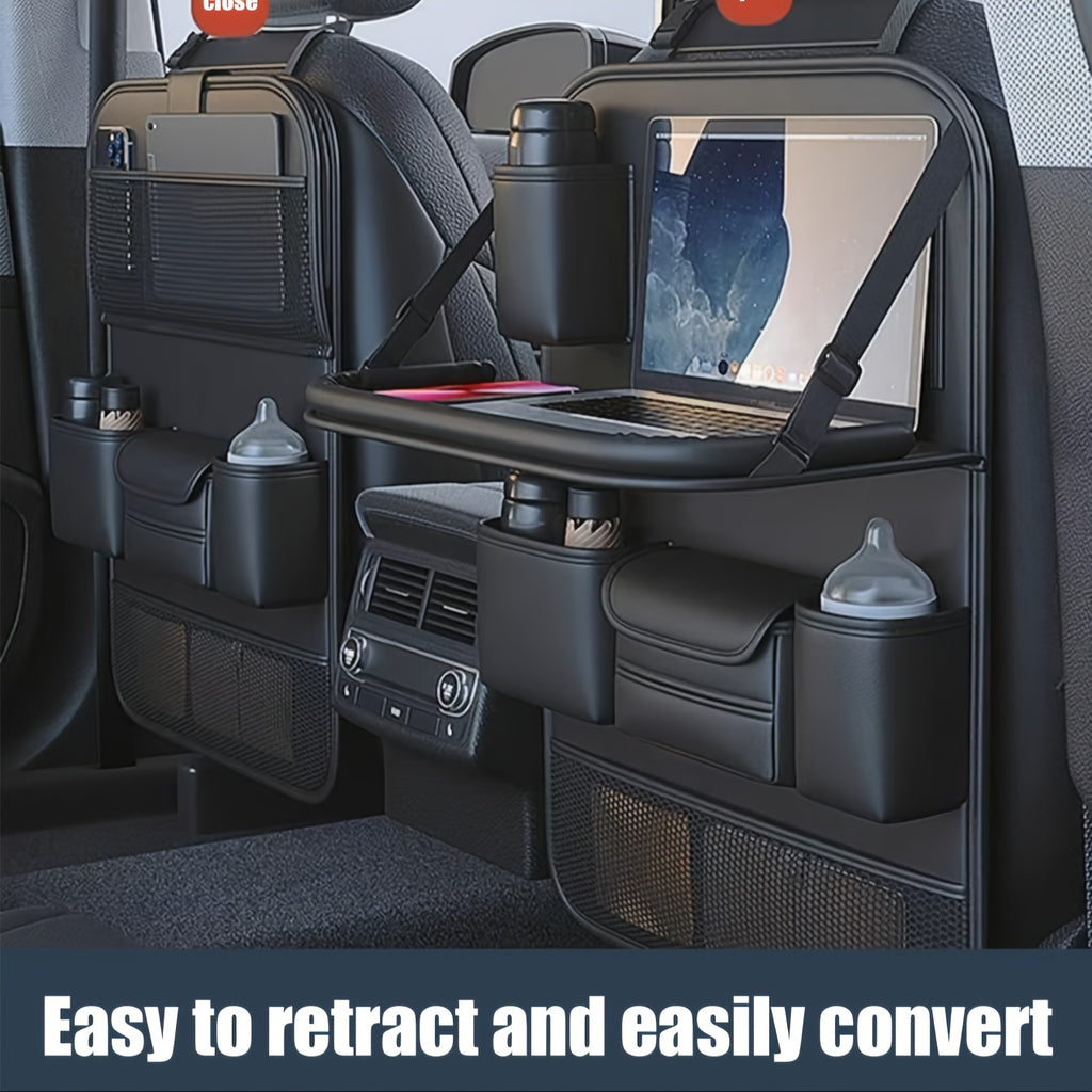 1pc Deluxe Car Backseat Organizer with Foldable Table Tray - Premium PU Leather Seat Back Storage Bag, Multi-Pocket Travel Accessories for Toys, Snacks, and Travel Necessities - Universal Fit, Easy Installation, and Spacious