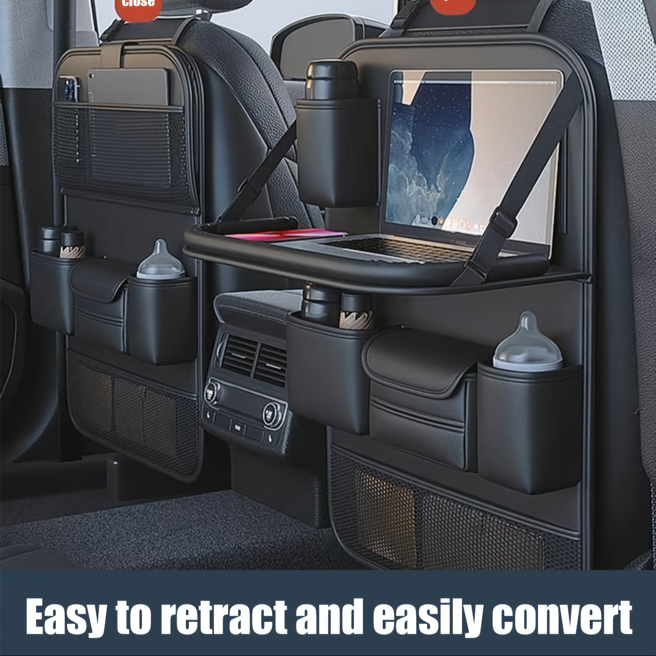 1pc Deluxe Car Backseat Organizer with Foldable Table Tray - Premium PU Leather Seat Back Storage Bag, Multi-Pocket Travel Accessories for Toys, Snacks, and Travel Necessities - Universal Fit, Easy Installation, and Spacious