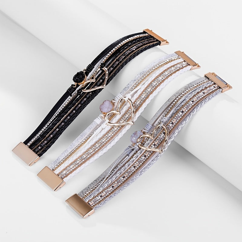 Women's Bohemian Style PU Leather Bracelet - Multi-Layer Black Braided Design with Crystal Accents, Golden-Tone Heart Pendant | Elegant Magnetic Clasp | Perfect for Daily Occasion