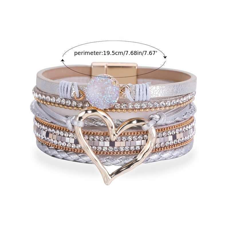 Women's Bohemian Style PU Leather Bracelet - Multi-Layer Black Braided Design with Crystal Accents, Golden-Tone Heart Pendant | Elegant Magnetic Clasp | Perfect for Daily Occasion