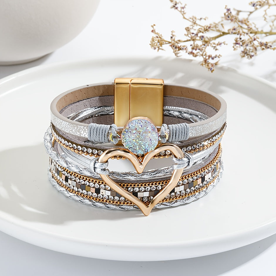 Women's Bohemian Style PU Leather Bracelet - Multi-Layer Black Braided Design with Crystal Accents, Golden-Tone Heart Pendant | Elegant Magnetic Clasp | Perfect for Daily Occasion