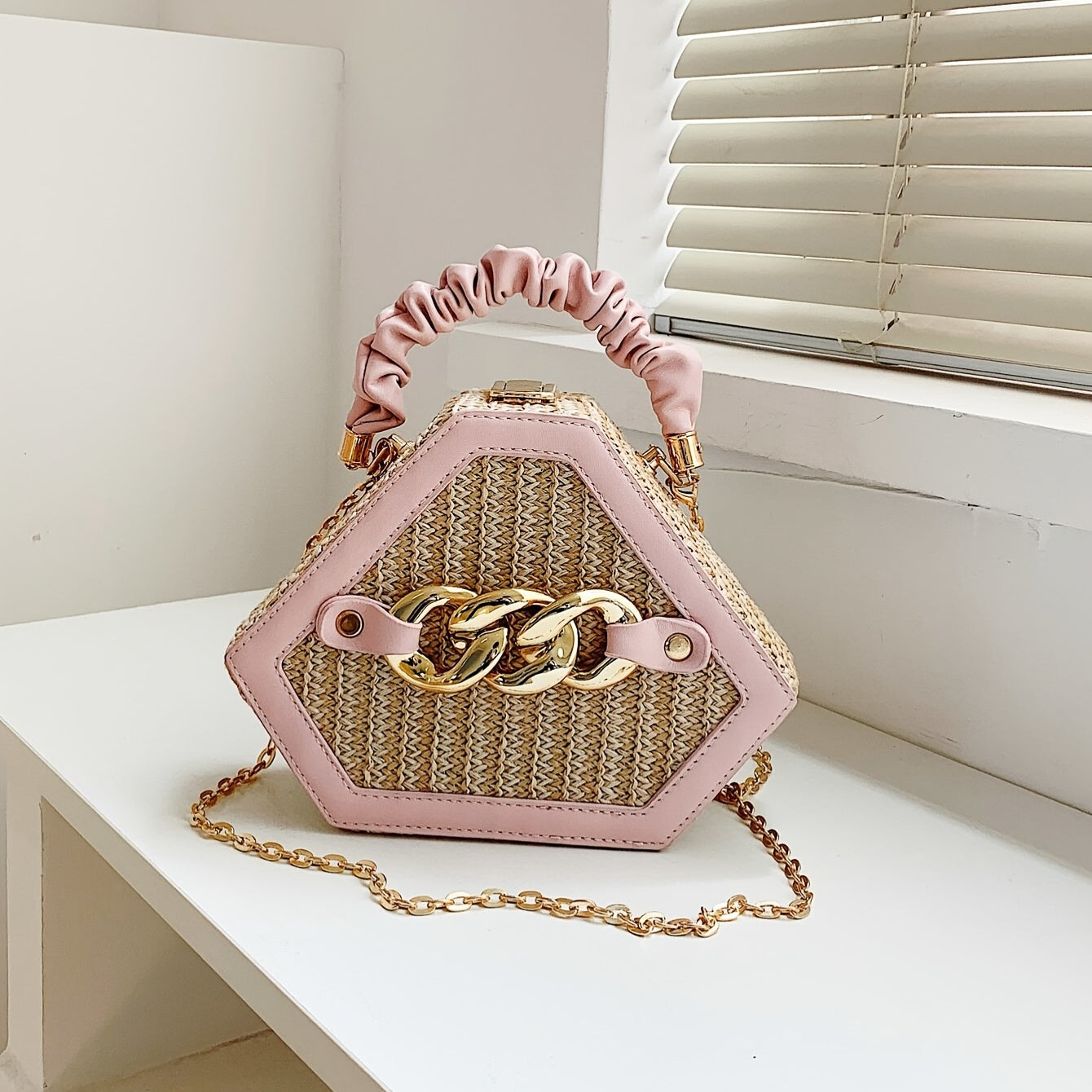 Trendy Chain Handbag, Fashion Top Handle Straw Box Bag, Women's Vacation Style Purse