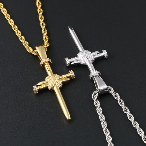 Men's Fashion Accessories Nails Cross Pendant AAA Cubic Zircon Rope Chain Punk Necklaces Hip Hop Rock Street Jewelry Xmas Gifts