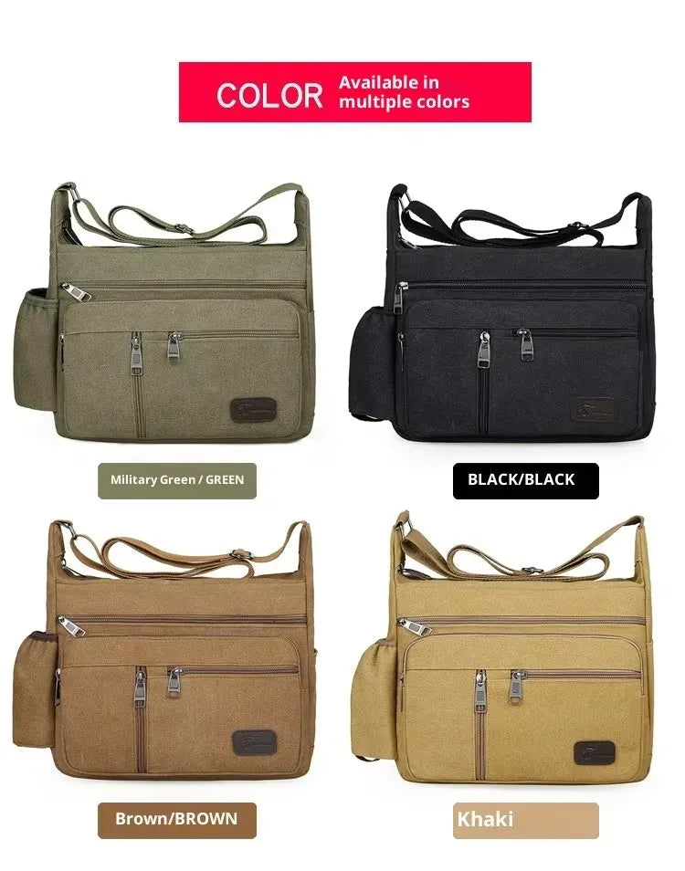 Men's Fashion Vintage Retro Canvas Crossbody Bag with Logo Large Capacity Urban Simplicity Style Zipper Closure Spring