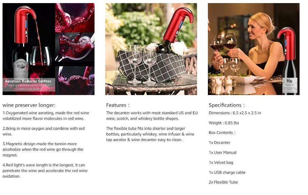 Electric Wine Decanters Smart Wine Pourer USB Charging Auto Drinks Dispenser Quick Automatic Red Wine Aerator Supplies Bar Tools