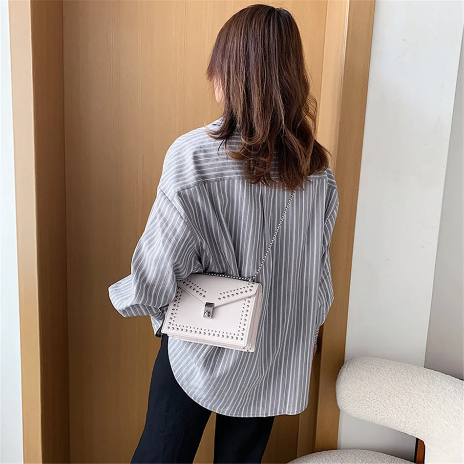 Scrub Leather Brand Designer Shoulder Simple Bags For Women Chain Rivet Luxury Crossbody Bag Female Fashion Small Handbags