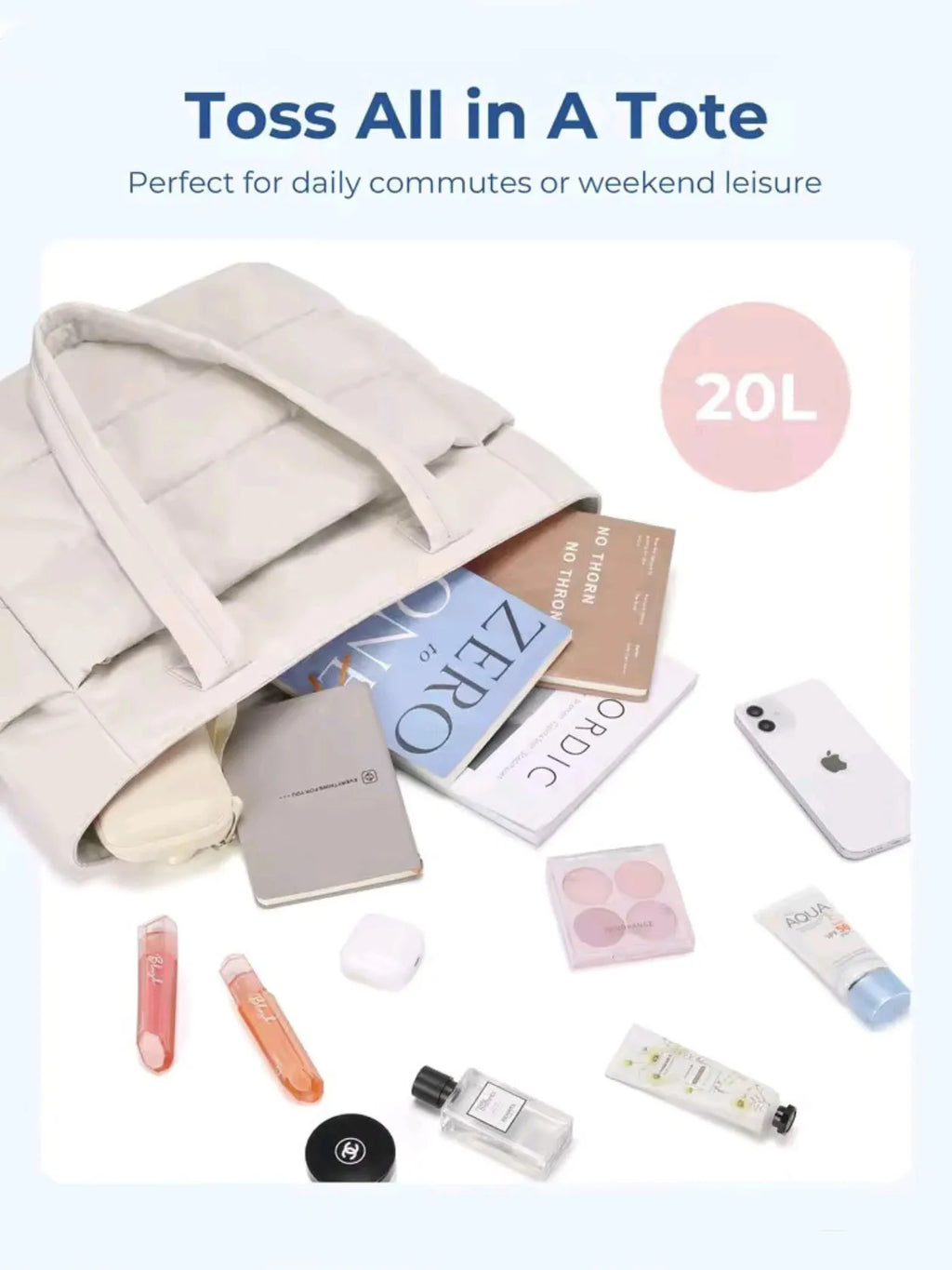 Women's 20L Quilted Puffer Gym Bag with Zipper Lightweight Work Travel Bag for Teachers and Nurses