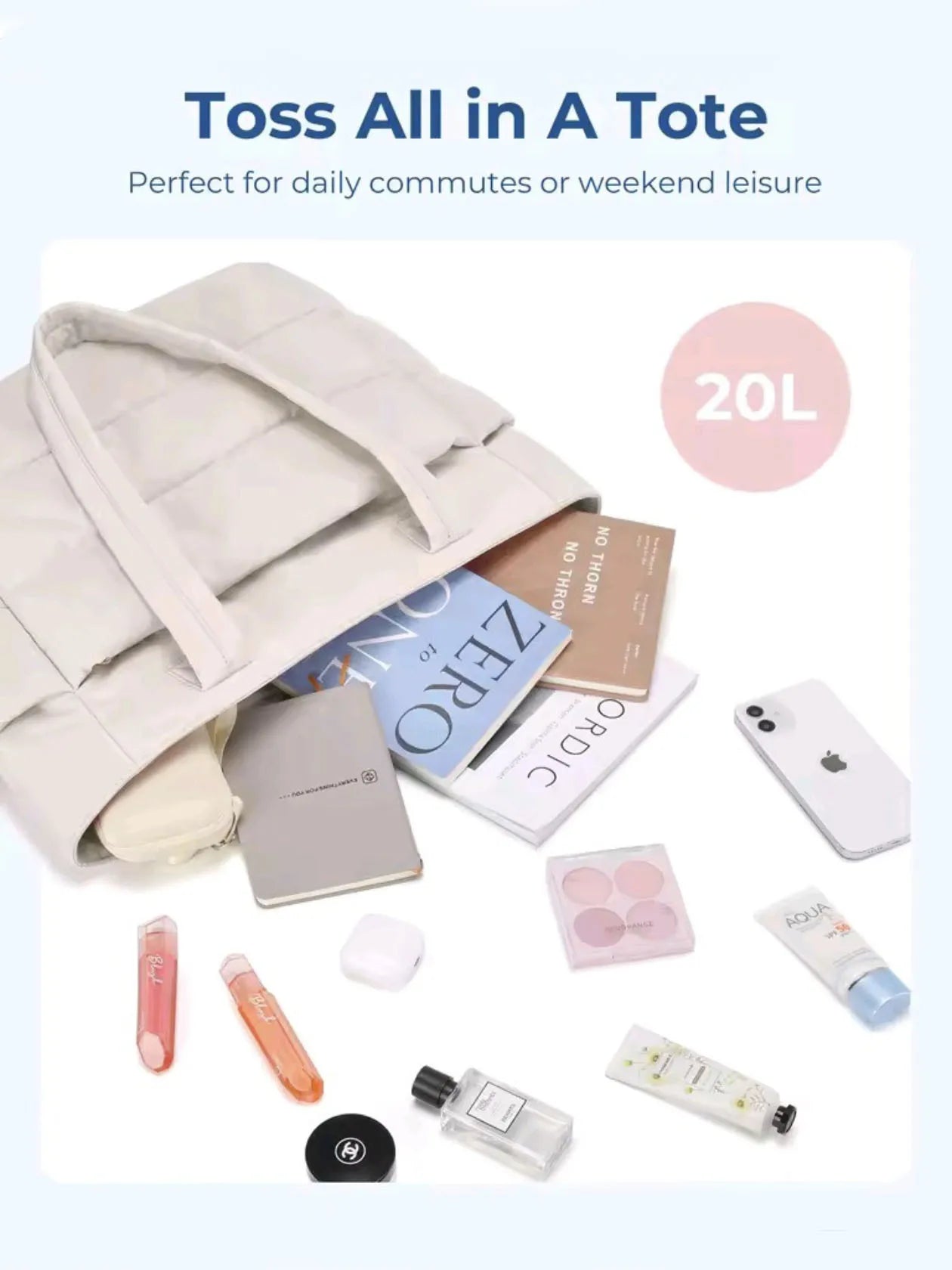 Women's 20L Quilted Puffer Gym Bag with Zipper Lightweight Work Travel Bag for Teachers and Nurses