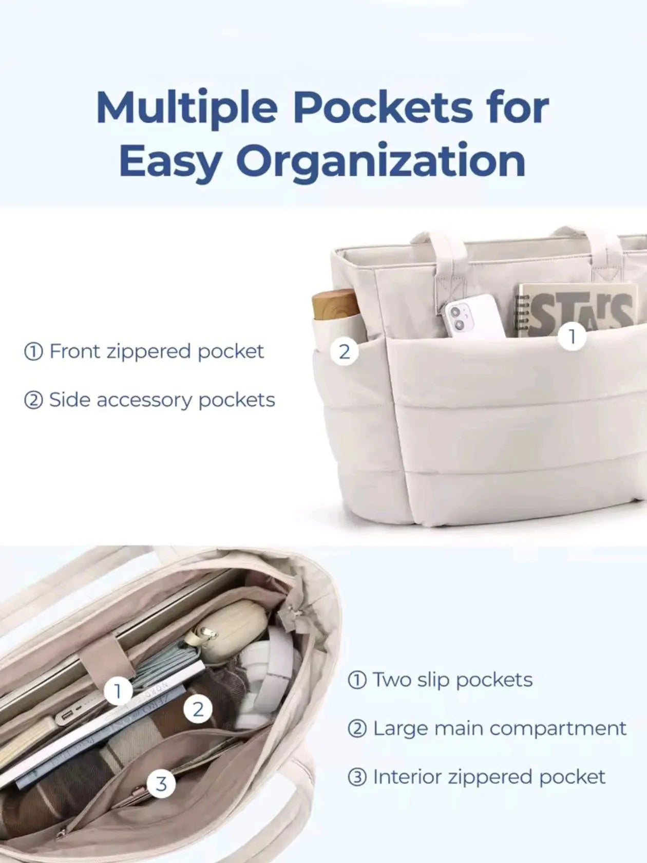 Women's 20L Quilted Puffer Gym Bag with Zipper Lightweight Work Travel Bag for Teachers and Nurses