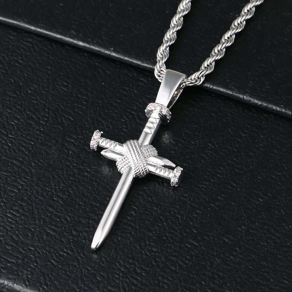 Men's Fashion Accessories Nails Cross Pendant AAA Cubic Zircon Rope Chain Punk Necklaces Hip Hop Rock Street Jewelry Xmas Gifts