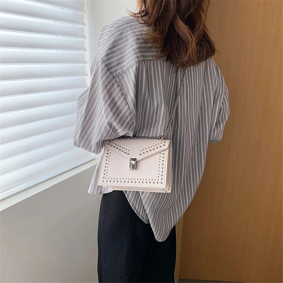 Scrub Leather Brand Designer Shoulder Simple Bags For Women Chain Rivet Luxury Crossbody Bag Female Fashion Small Handbags