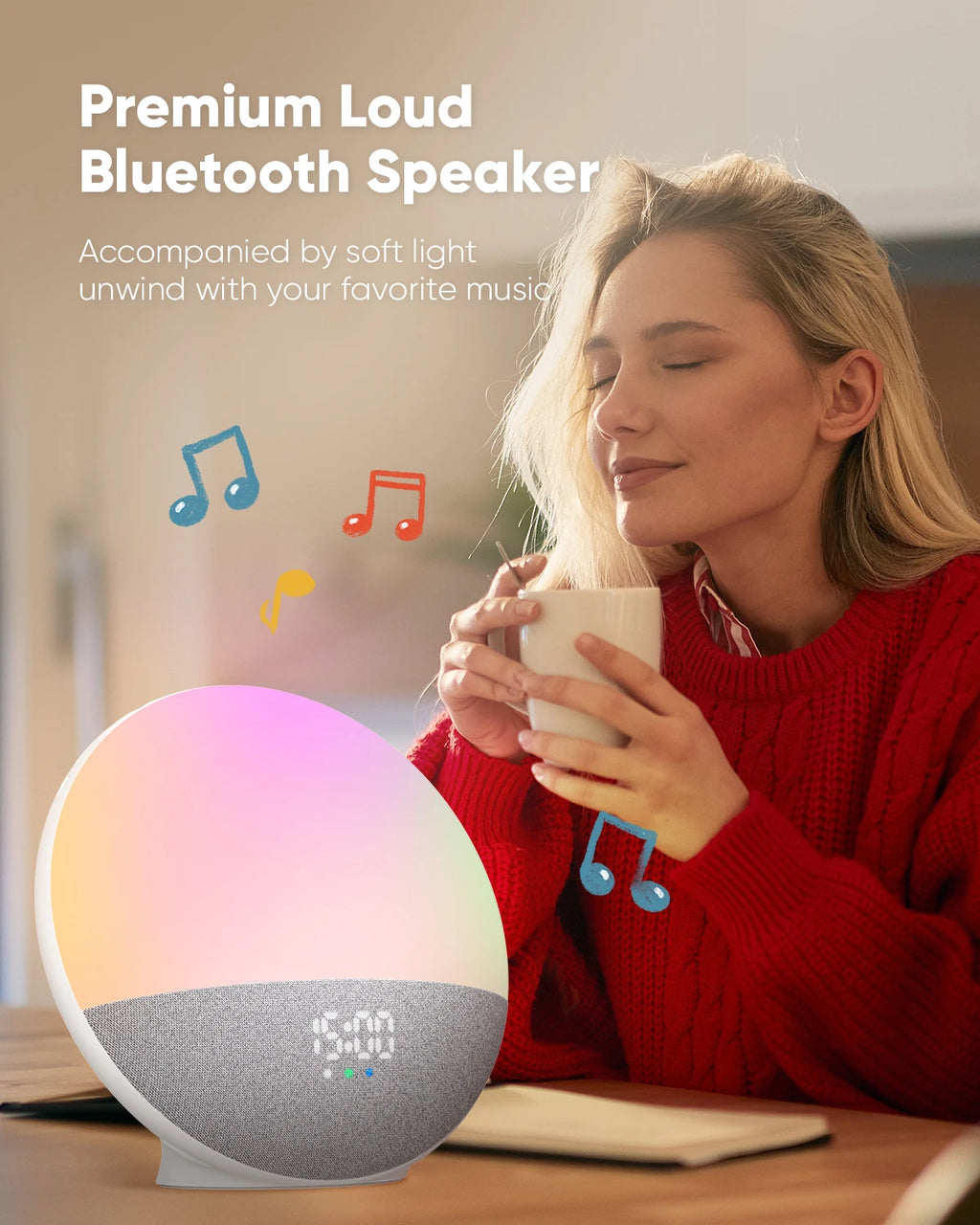 Wake up Light Sunrise Alarm Clock for Kids, Wireless Speaker Sound Machine with 15 White Noise, 3 Alarms, 5 Night Modes,