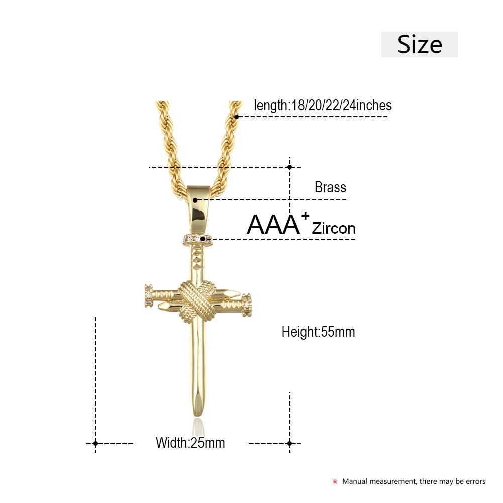 Men's Fashion Accessories Nails Cross Pendant AAA Cubic Zircon Rope Chain Punk Necklaces Hip Hop Rock Street Jewelry Xmas Gifts