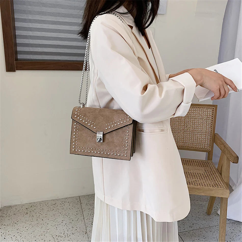 Scrub Leather Brand Designer Shoulder Simple Bags For Women Chain Rivet Luxury Crossbody Bag Female Fashion Small Handbags