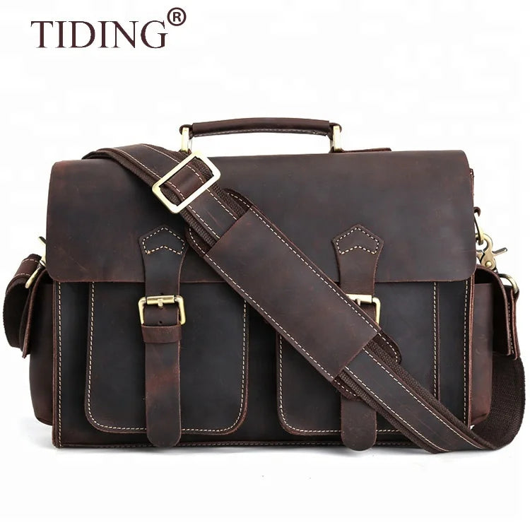 Tiding Vintage Brown Handmade Men Genuine Leather 13 Inch Laptop Bag Briefcase Messenger Bag for Man