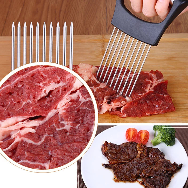 Stainless Steel Onion Cutter Holder Food Slicers Assistant Tomato Onion Slicer Holder Vegetables Cutting Fork Kitchen Gadgets