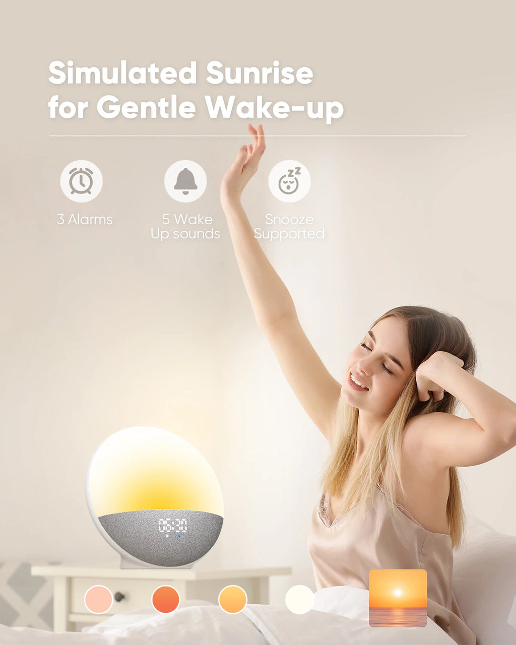 Wake up Light Sunrise Alarm Clock for Kids, Wireless Speaker Sound Machine with 15 White Noise, 3 Alarms, 5 Night Modes,
