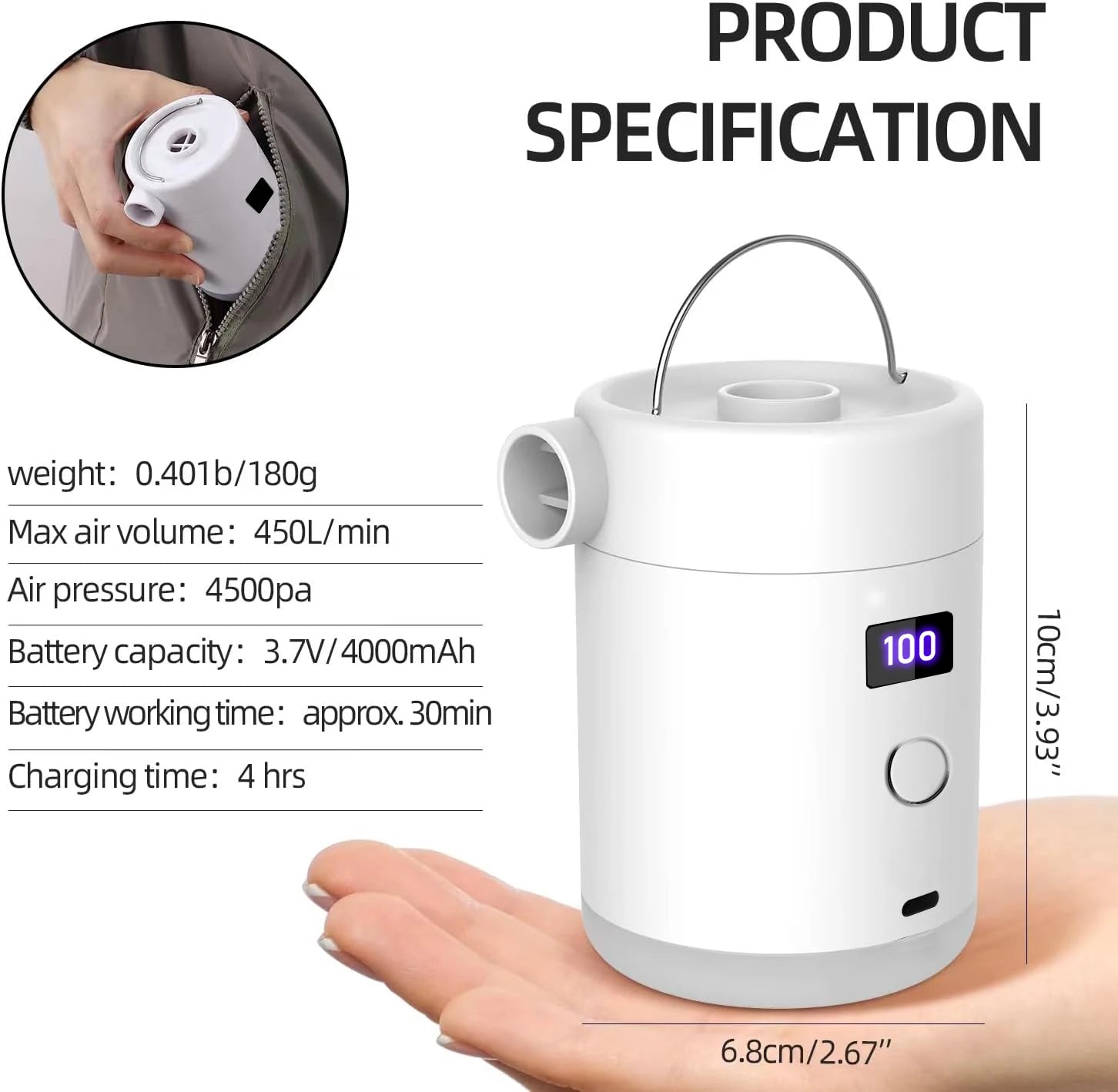 Portable Air Pump for Inflatables Air Mattress Pump 4X with Camping Light USB Rechargeable Air Pump with Battery LCD Display