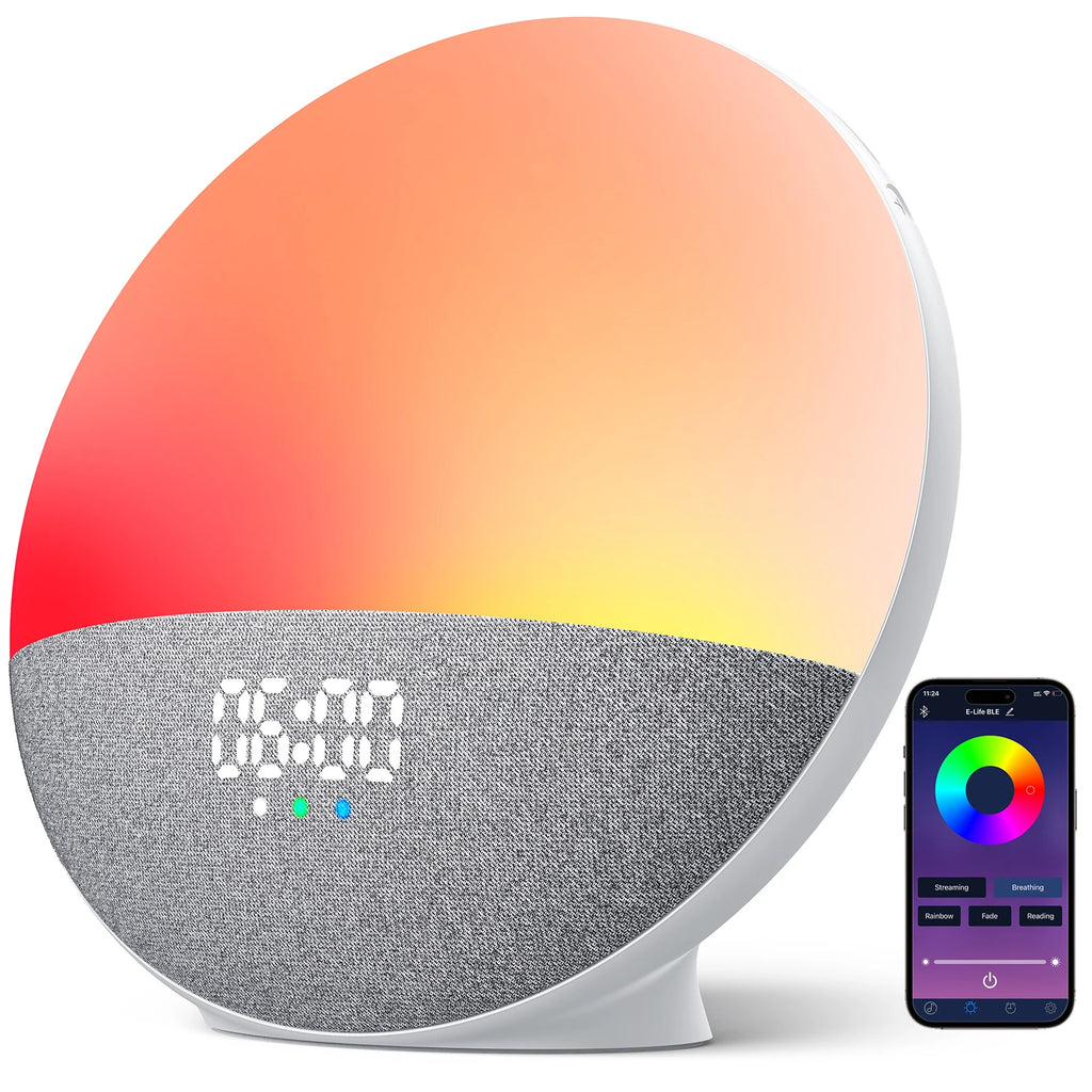 Wake up Light Sunrise Alarm Clock for Kids, Wireless Speaker Sound Machine with 15 White Noise, 3 Alarms, 5 Night Modes,