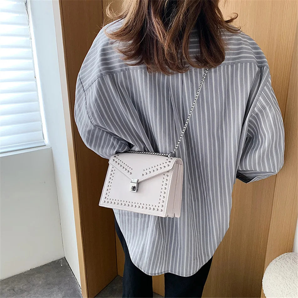 Scrub Leather Brand Designer Shoulder Simple Bags For Women Chain Rivet Luxury Crossbody Bag Female Fashion Small Handbags