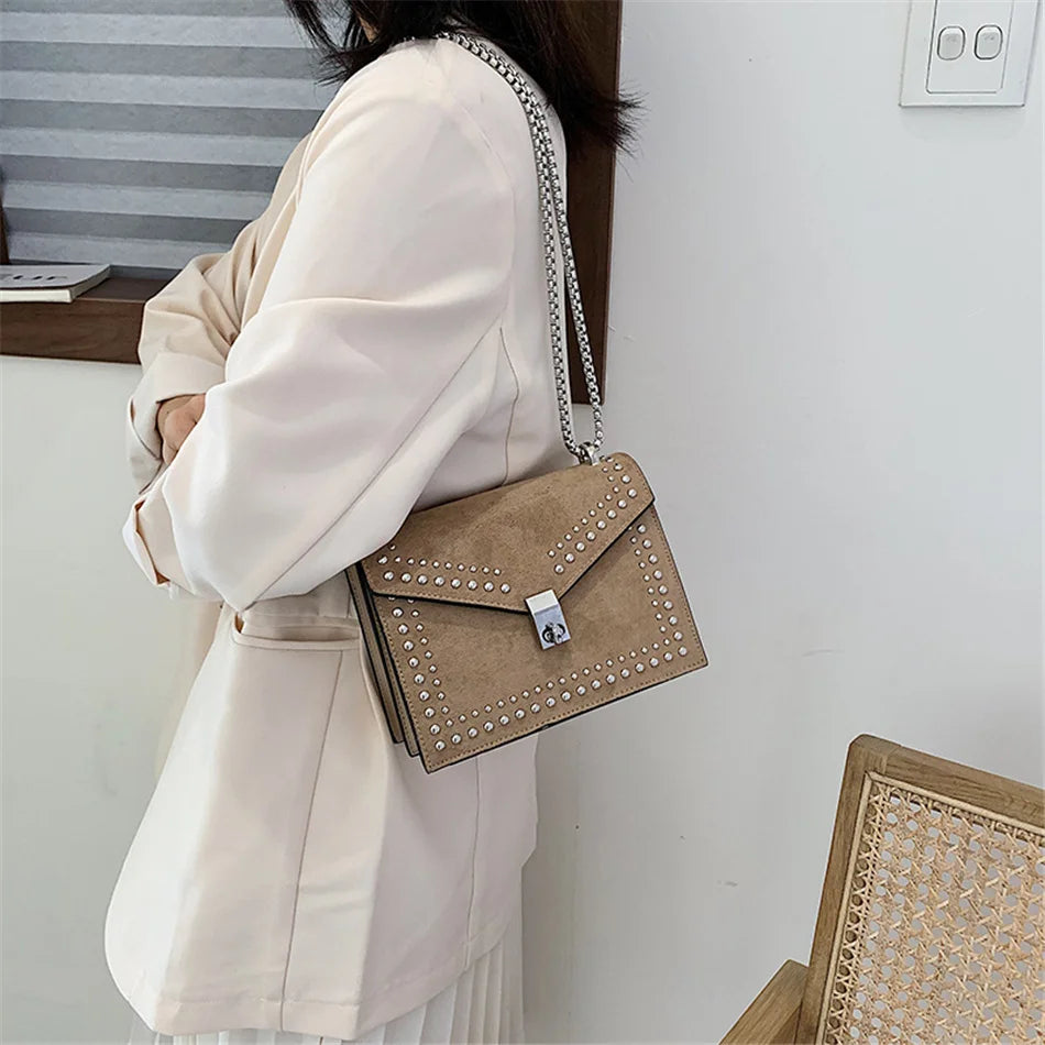 Scrub Leather Brand Designer Shoulder Simple Bags For Women Chain Rivet Luxury Crossbody Bag Female Fashion Small Handbags