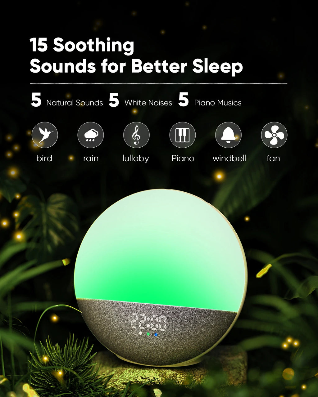 Wake up Light Sunrise Alarm Clock for Kids, Wireless Speaker Sound Machine with 15 White Noise, 3 Alarms, 5 Night Modes,