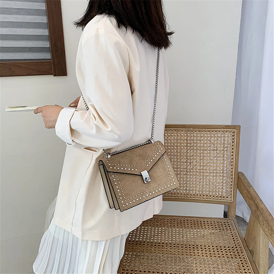 Scrub Leather Brand Designer Shoulder Simple Bags For Women Chain Rivet Luxury Crossbody Bag Female Fashion Small Handbags
