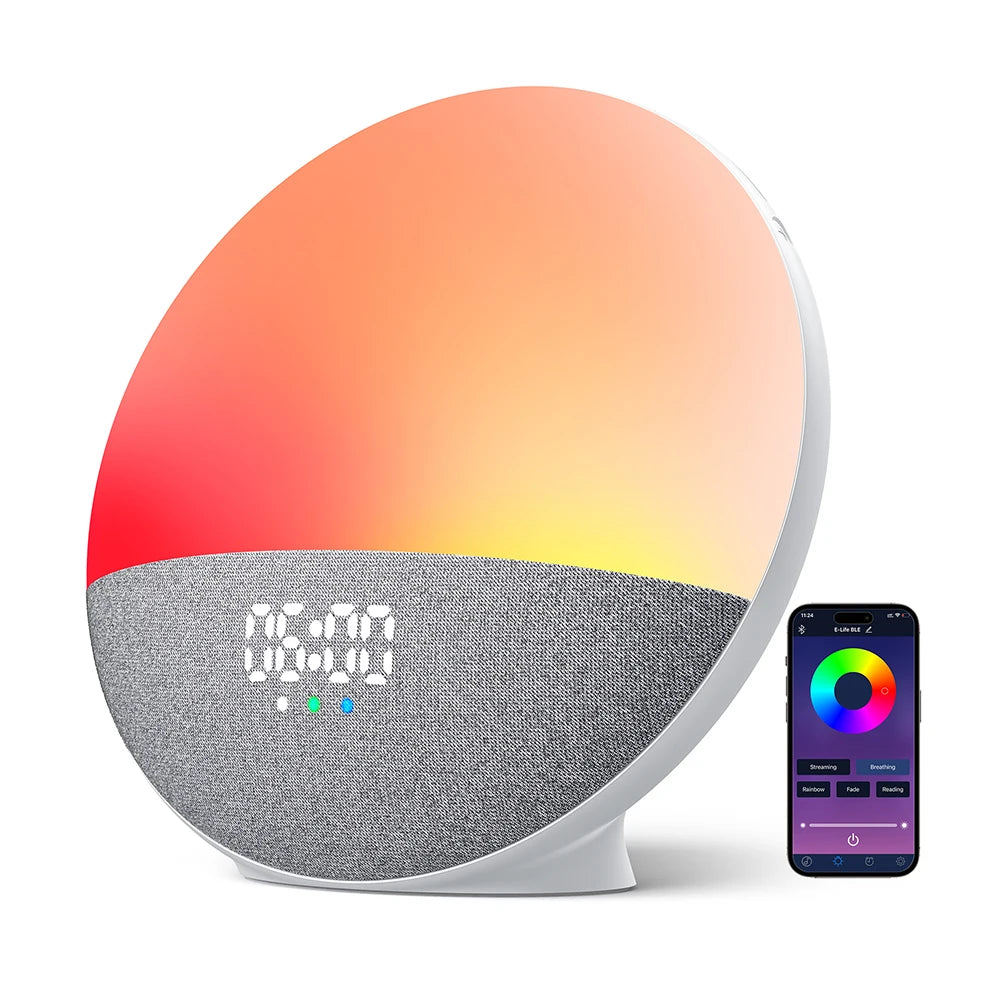 Wake up Light Sunrise Alarm Clock for Kids, Wireless Speaker Sound Machine with 15 White Noise, 3 Alarms, 5 Night Modes,