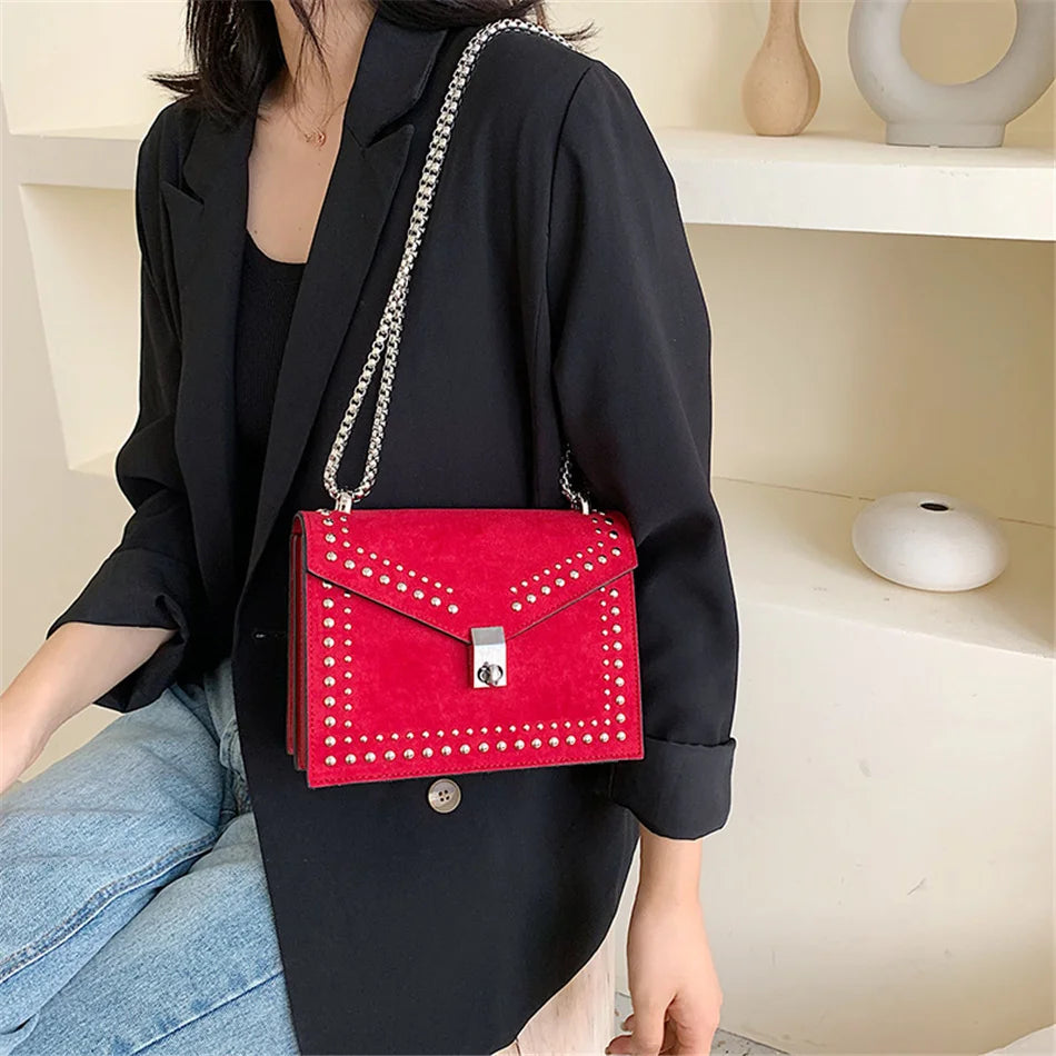 Scrub Leather Brand Designer Shoulder Simple Bags For Women Chain Rivet Luxury Crossbody Bag Female Fashion Small Handbags