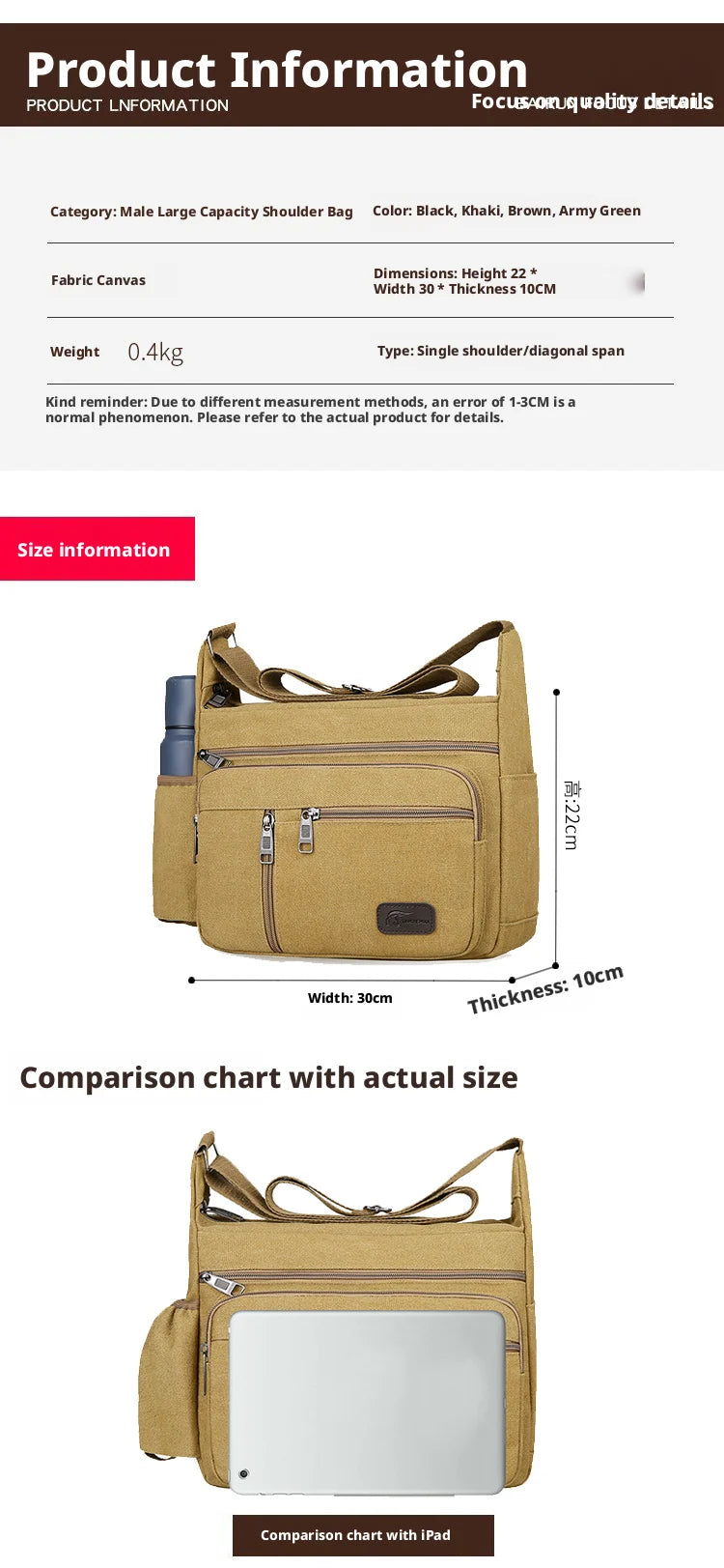 Men's Fashion Vintage Retro Canvas Crossbody Bag with Logo Large Capacity Urban Simplicity Style Zipper Closure Spring