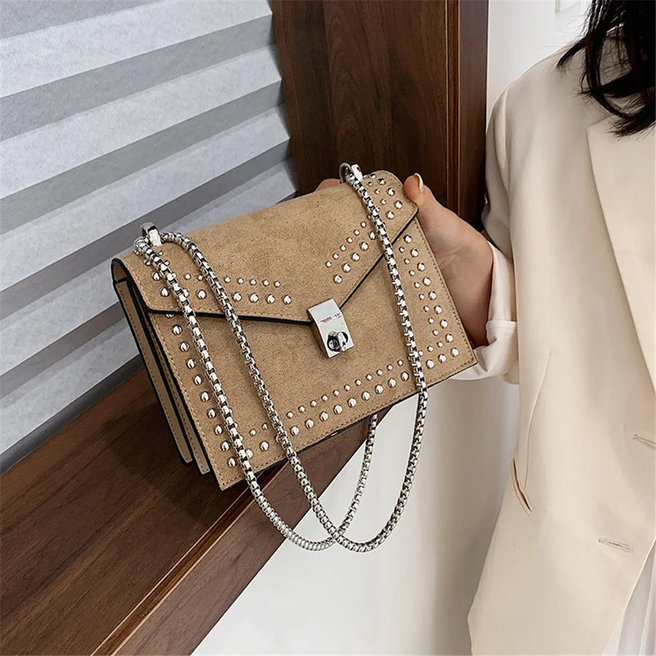 Scrub Leather Brand Designer Shoulder Simple Bags For Women Chain Rivet Luxury Crossbody Bag Female Fashion Small Handbags