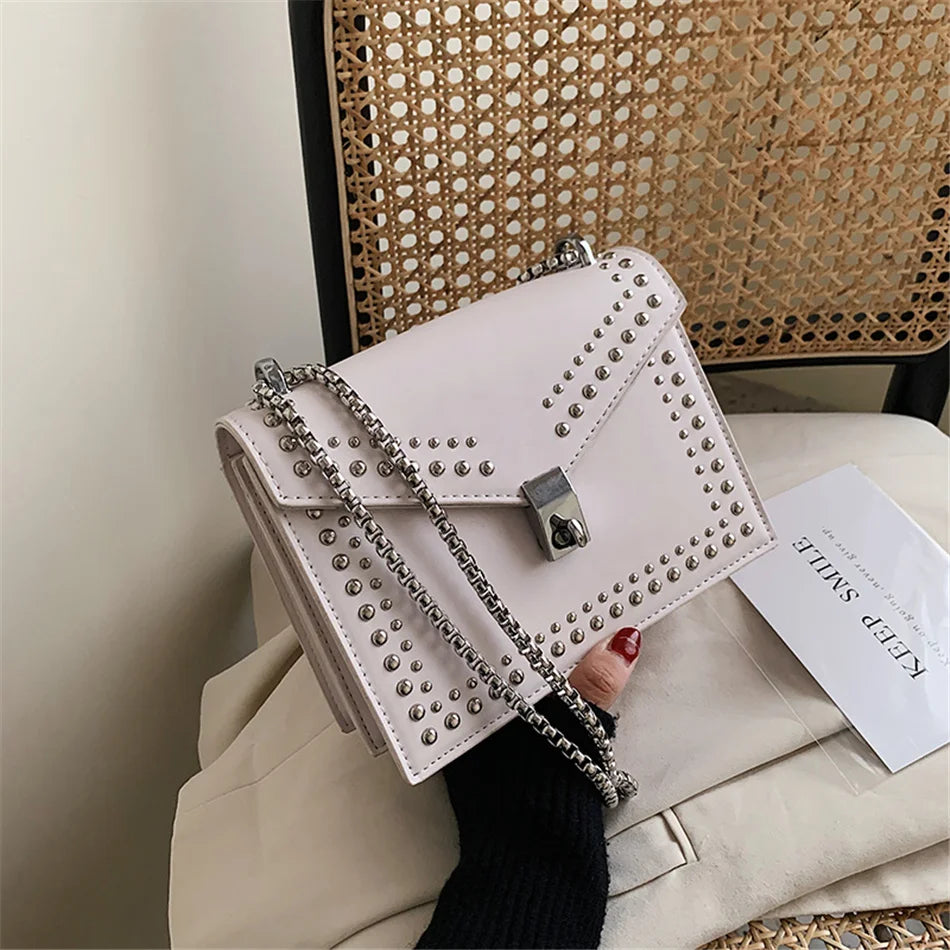 Scrub Leather Brand Designer Shoulder Simple Bags For Women Chain Rivet Luxury Crossbody Bag Female Fashion Small Handbags