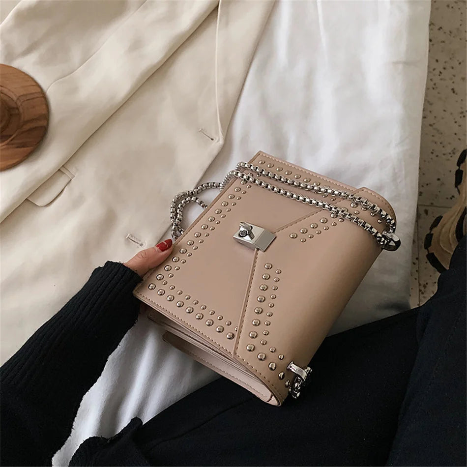 Scrub Leather Brand Designer Shoulder Simple Bags For Women Chain Rivet Luxury Crossbody Bag Female Fashion Small Handbags
