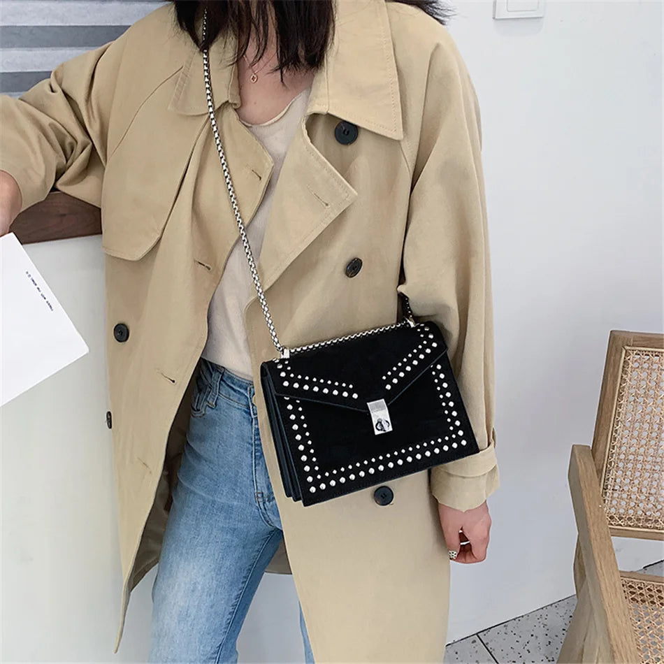 Scrub Leather Brand Designer Shoulder Simple Bags For Women Chain Rivet Luxury Crossbody Bag Female Fashion Small Handbags