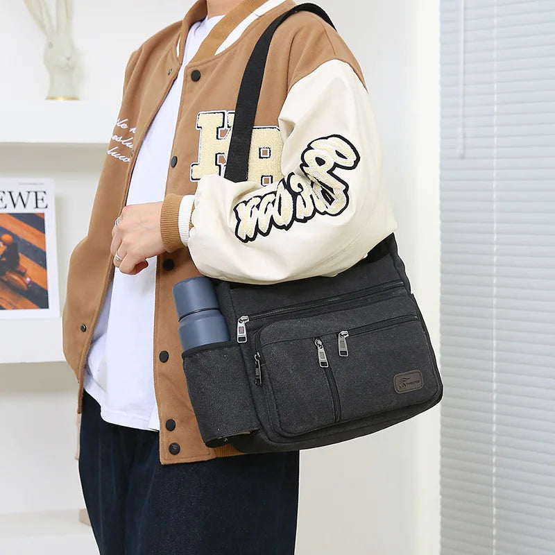 Men's Fashion Vintage Retro Canvas Crossbody Bag with Logo Large Capacity Urban Simplicity Style Zipper Closure Spring