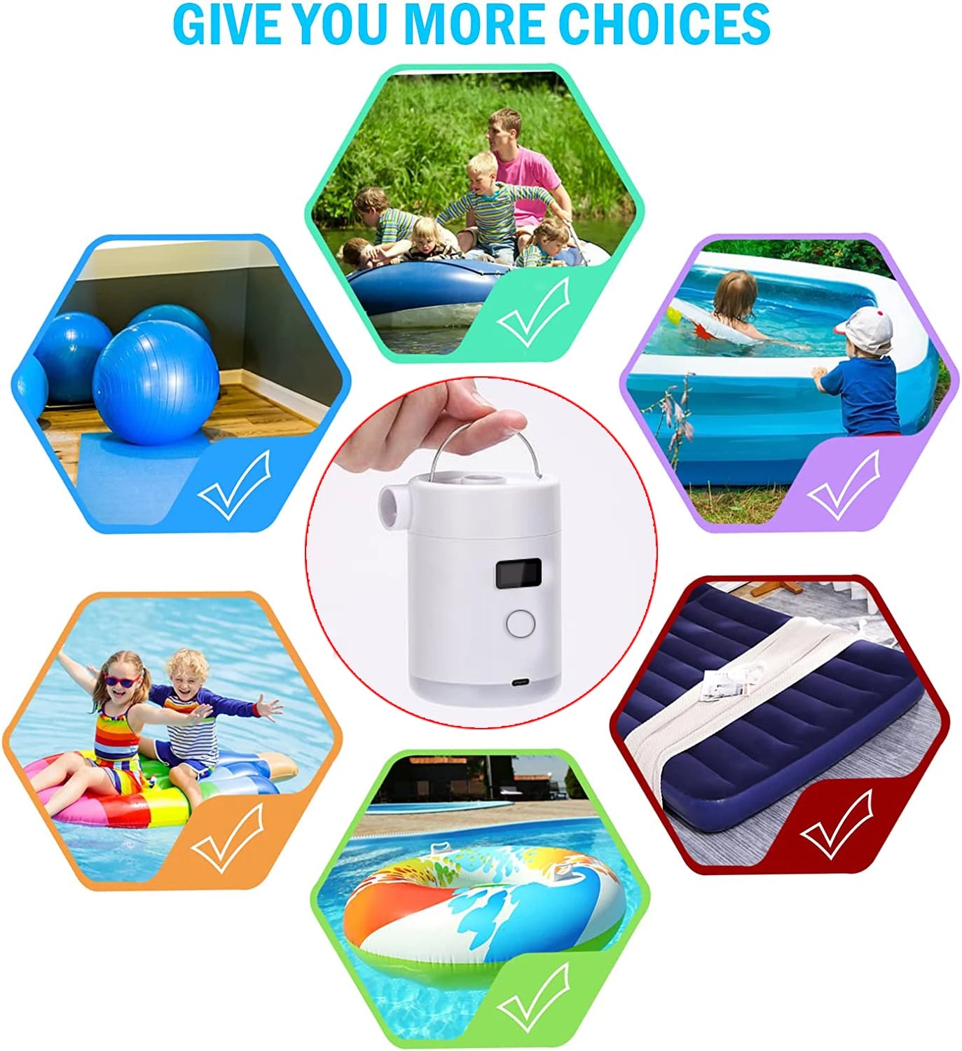 Portable Air Pump for Inflatables Air Mattress Pump 4X with Camping Light USB Rechargeable Air Pump with Battery LCD Display