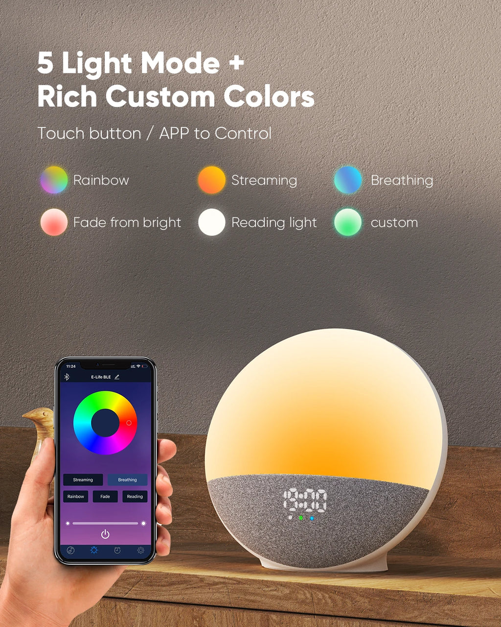 Wake up Light Sunrise Alarm Clock for Kids, Wireless Speaker Sound Machine with 15 White Noise, 3 Alarms, 5 Night Modes,