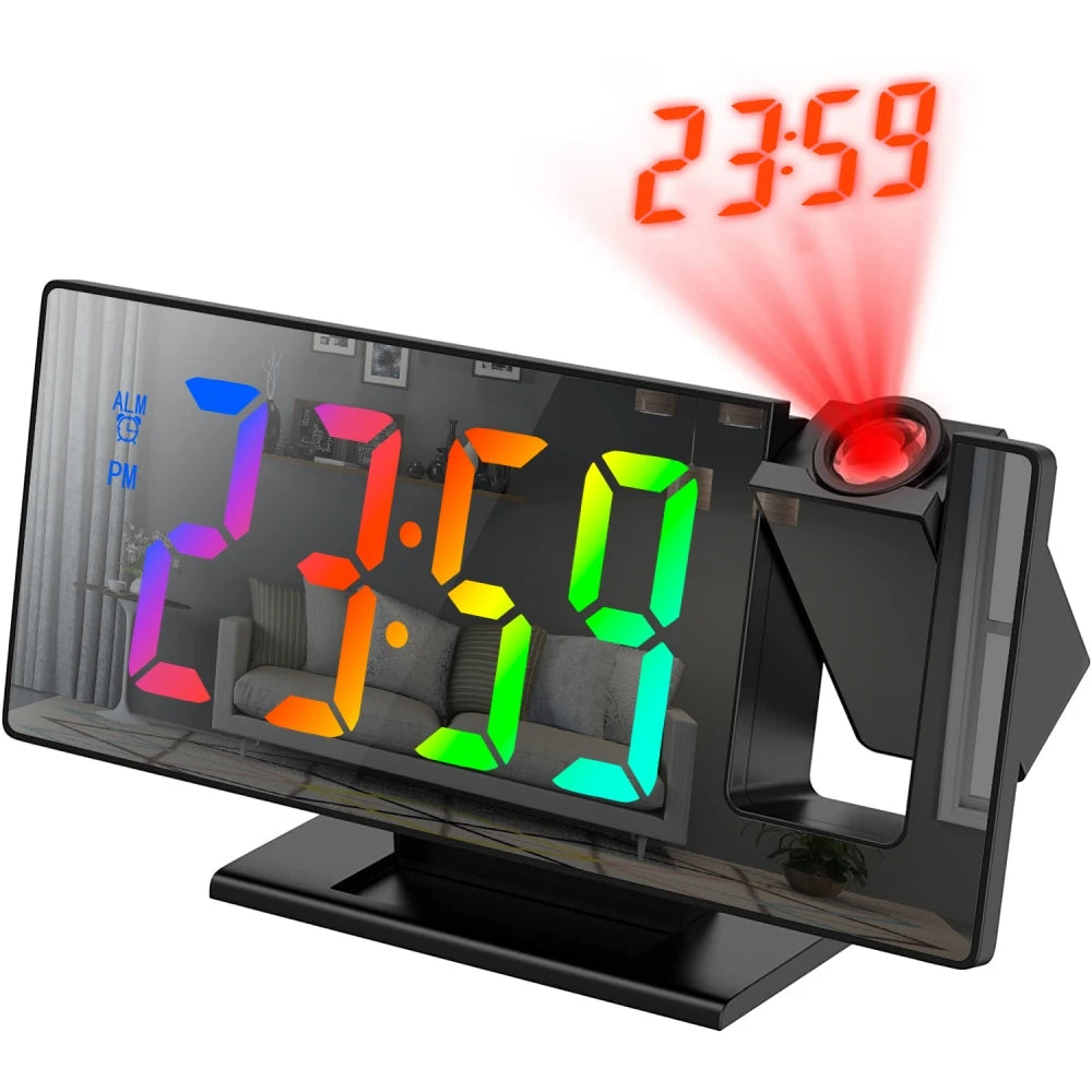 c180° Arm Projection Alarm Clock Time Temperature USB Plug-in Digital Alarm Clock Snooze Table Clock 12/24H Projector LED Clok