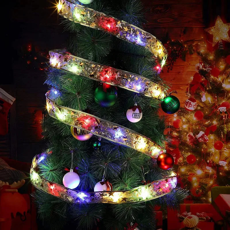 Christmas Ribbon Fairy Light Christmas Decoration DIY Bows String Light Tree Ornaments For Home 2024 Xmas Decor New Year Navidad